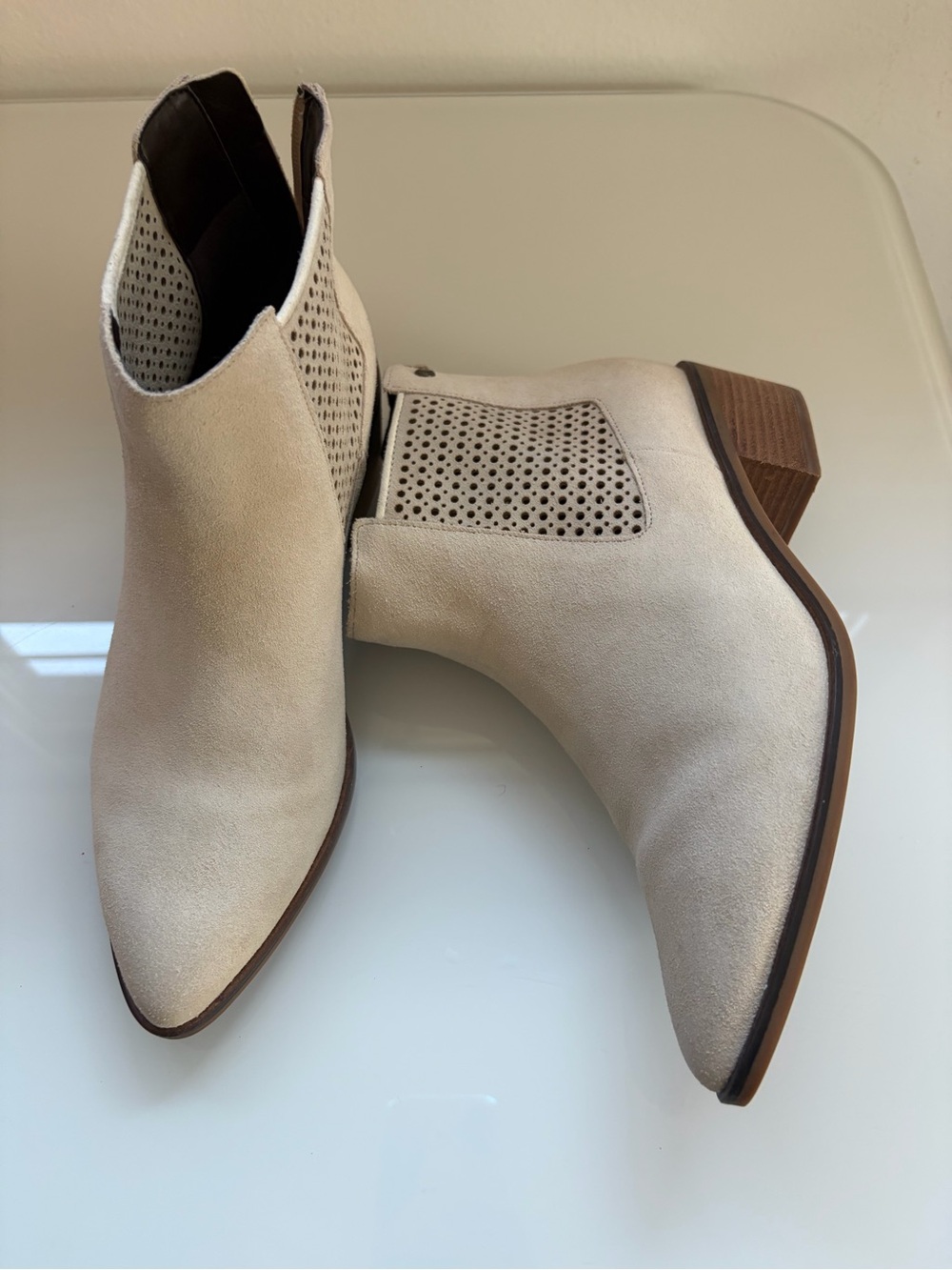 NWOT Cole Haan Val Cream Suede Perforated Ankle Booties with Stacked Heel